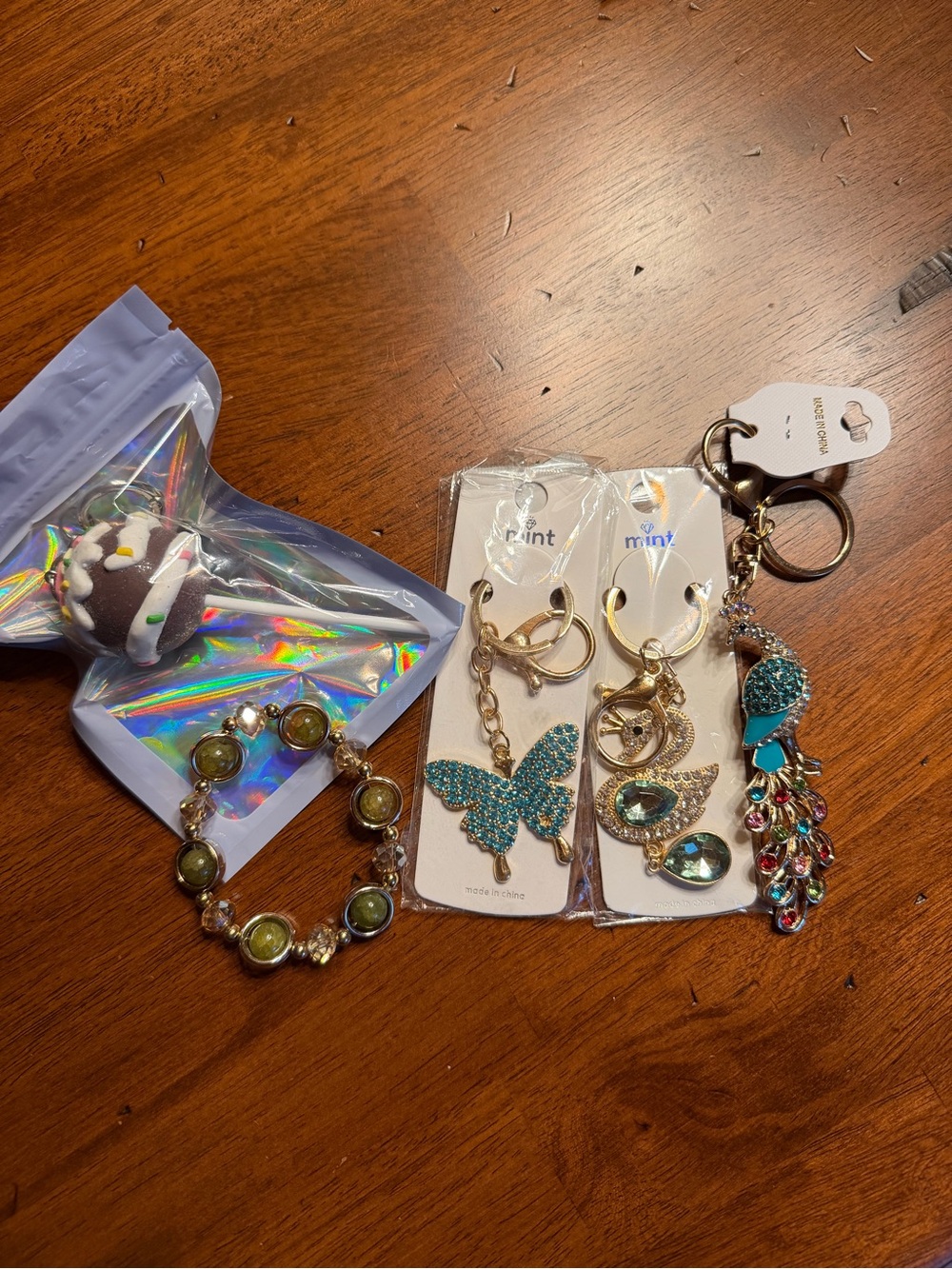 Mint Butterfly Peacock Swan Keychain Set - Mint- Assorted Bag Charms- 5 Pieces